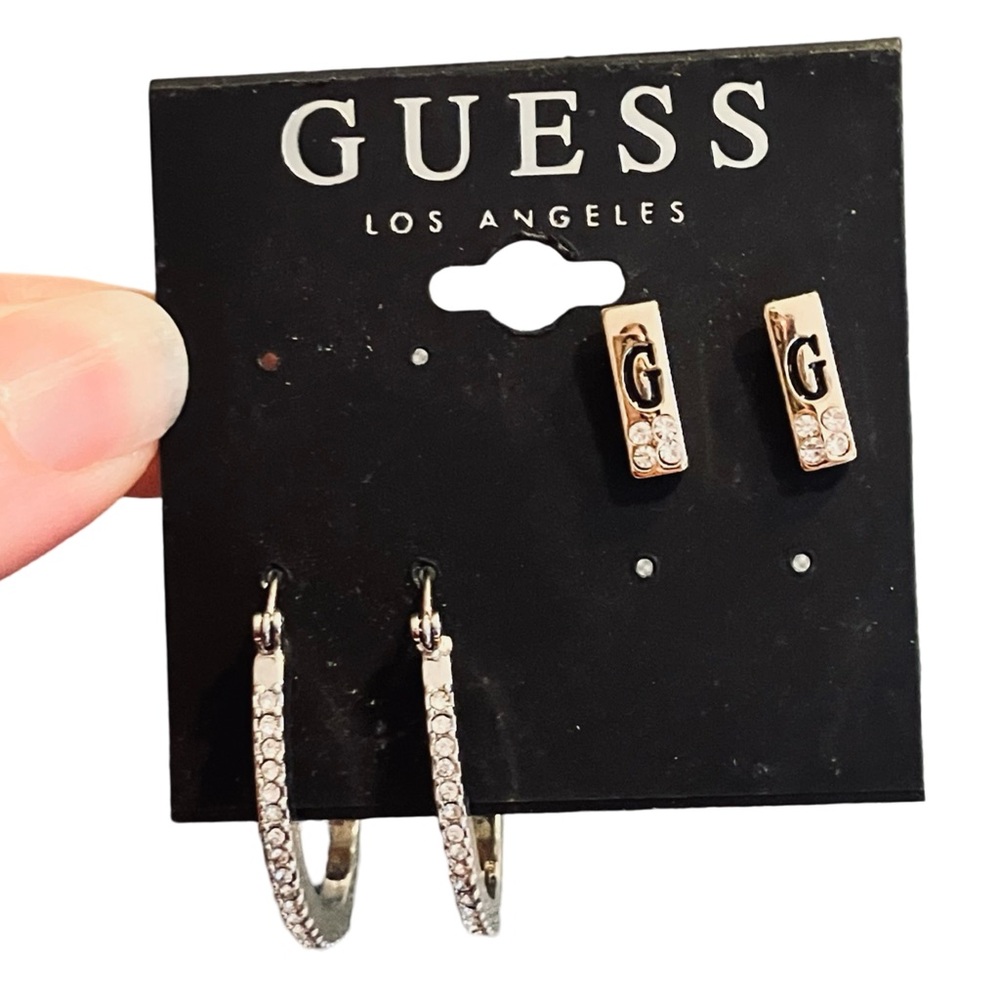 3/$15 GUESS Rhinestone Hoop Earrings & Gold Logo Studs Set